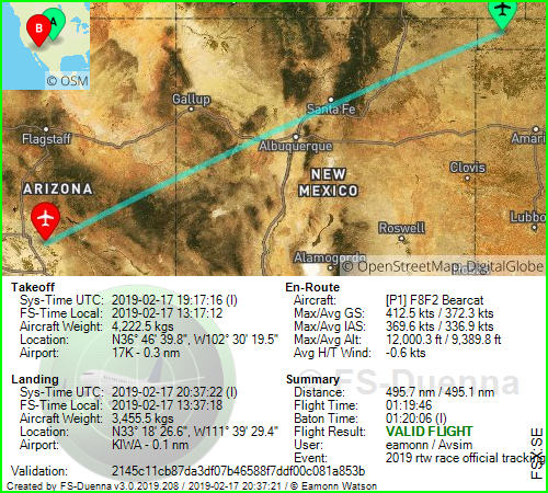 FS-Duenna generated validation graphic with route map and flight summary